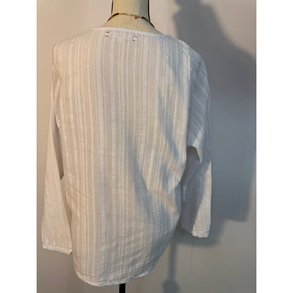 Xirena White Cotton Stripe Popover Blouse Gauze Pocket Long Sleeve Top Size M - Picture 3 of 9